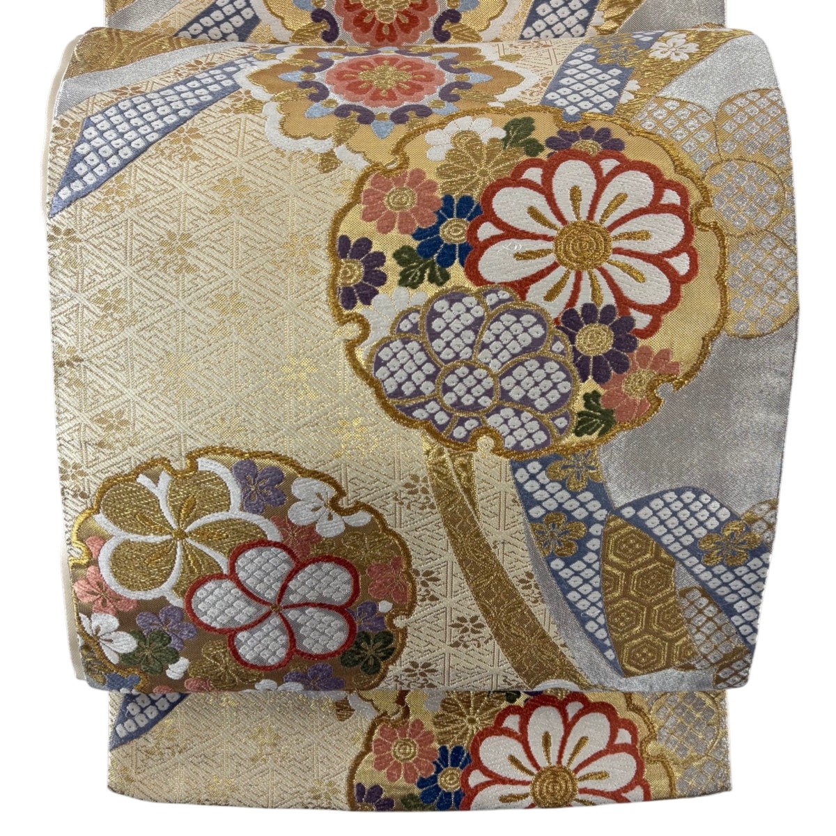 袋帯 秀品 雪輪 華文 金銀糸 箔 ベージュ 六通 正絹 【中古】