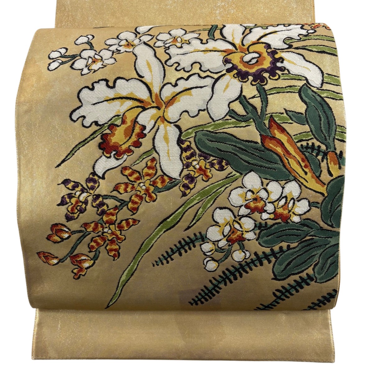 袋帯 名品 落款あり 蘭 草花 箔 金色 お太鼓柄 正絹 【中古】