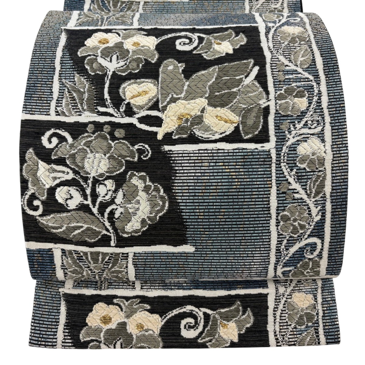 袋帯 名品 花唐草 唐織 箔 青灰色 六通 正絹 【中古】