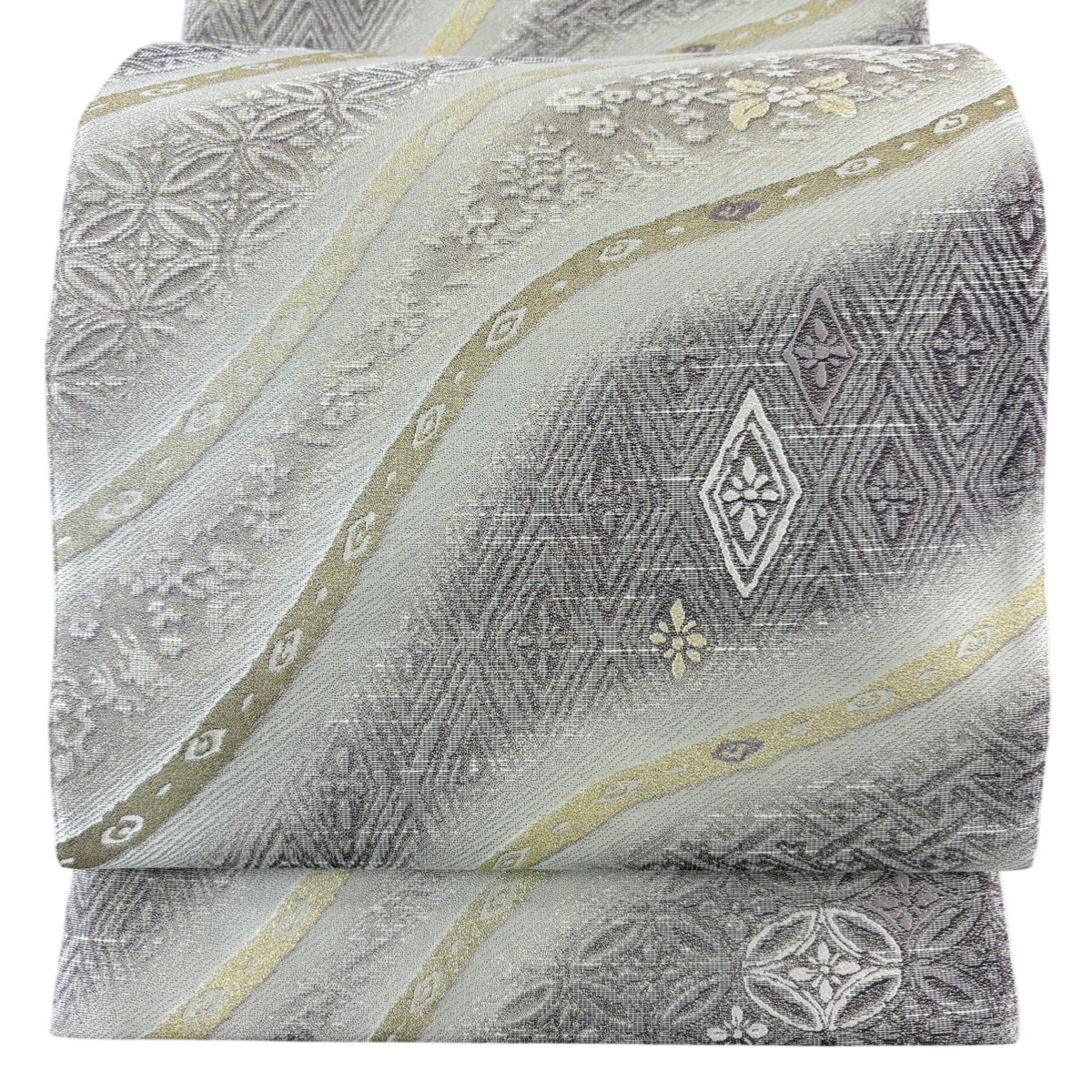 【美品】 袋帯 名品 菱 草花 金銀糸 紫 全通 正絹 【中古】 msp50