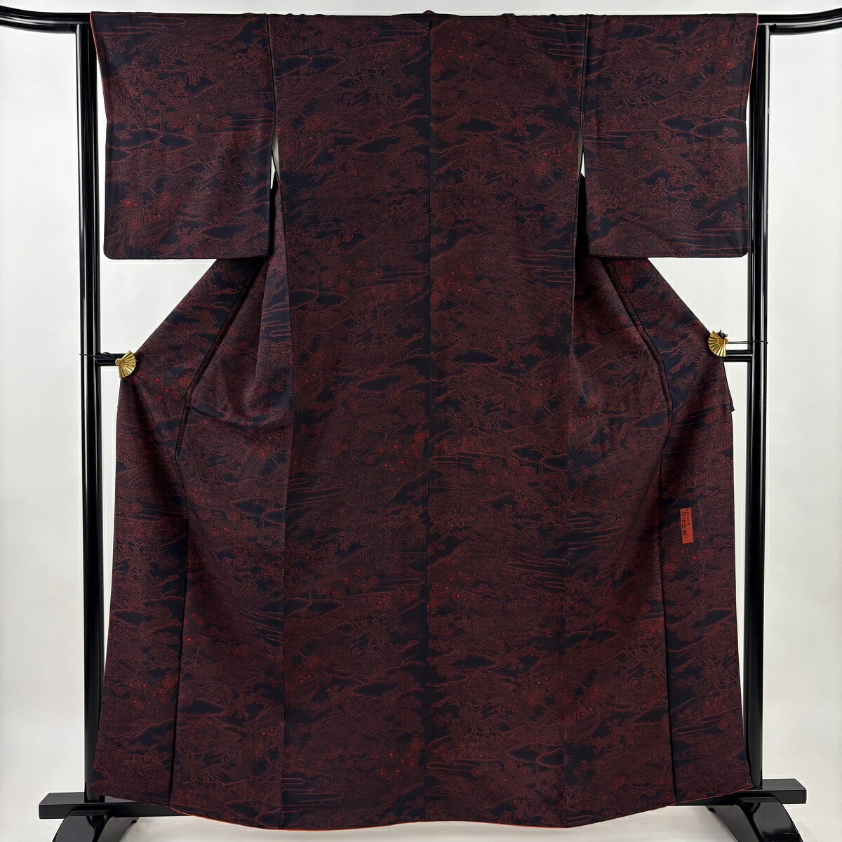 【美品】 江戸小紋 身丈161.5cm 裄丈64cm M 袷 六谷博臣 落款あり 草花 流水 紺色 正絹 名品 【中古】