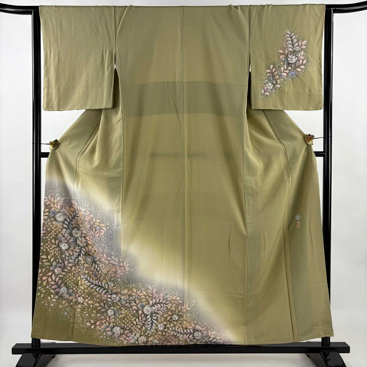 【美品】 付下げ 身丈157.5cm 裄丈63cm S 袷 翠山工房 落款あり 辻ヶ花 染め分け ぼかし 抹茶色 正絹 名品 【中古】