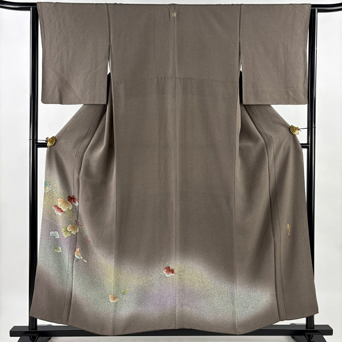 付下げ 身丈155.5cm 裄丈63.5cm S 袷 松井青々 落款あり 葉と実 鳥 刺繍 ぼかし 灰茶 正絹 名品 一つ紋 【中古】