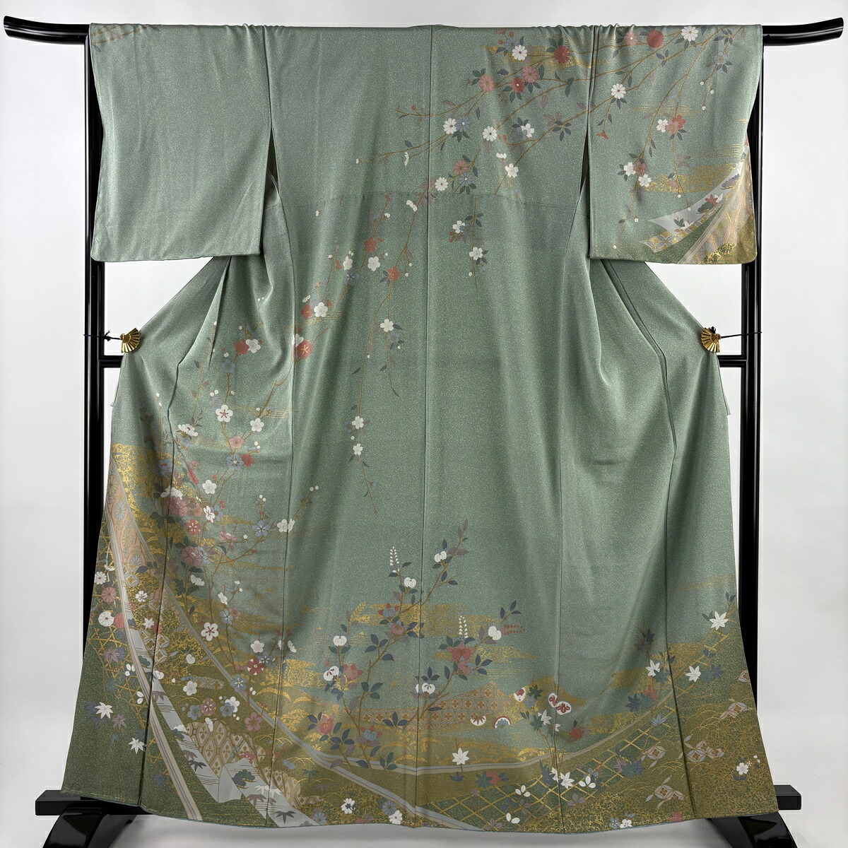 訪問着 身丈162cm 裄丈67cm M 袷 枝梅 七宝 金彩 灰緑 正絹 名品 【中古】