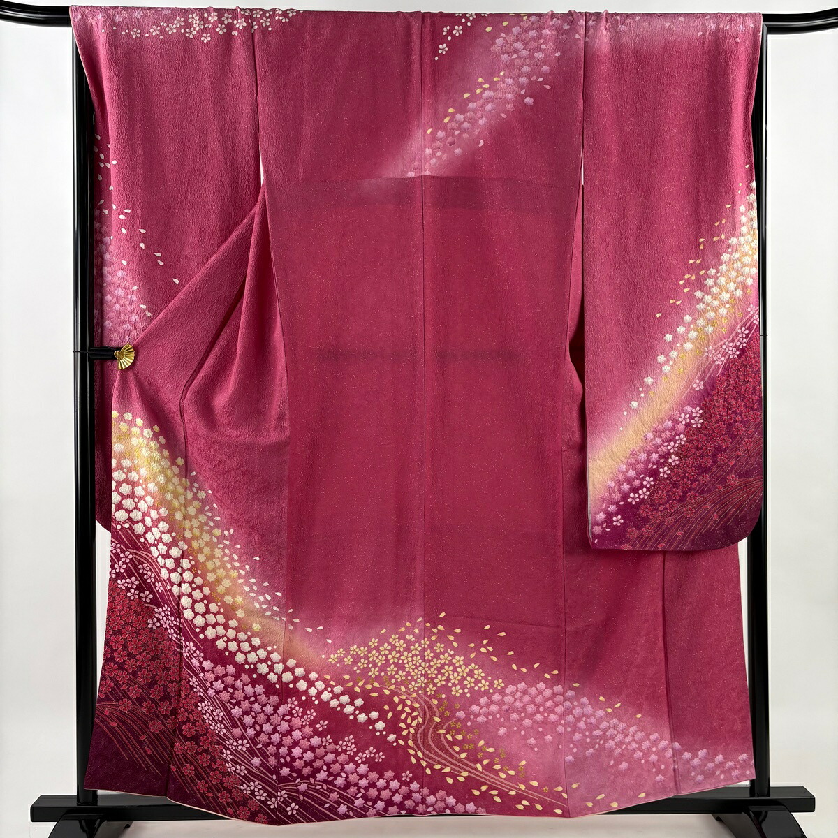振袖 身丈159cm 裄丈68cm L 袷 やまと 桜 波 銀通し 絞り 濃ピンク 正絹 名品 【中古】