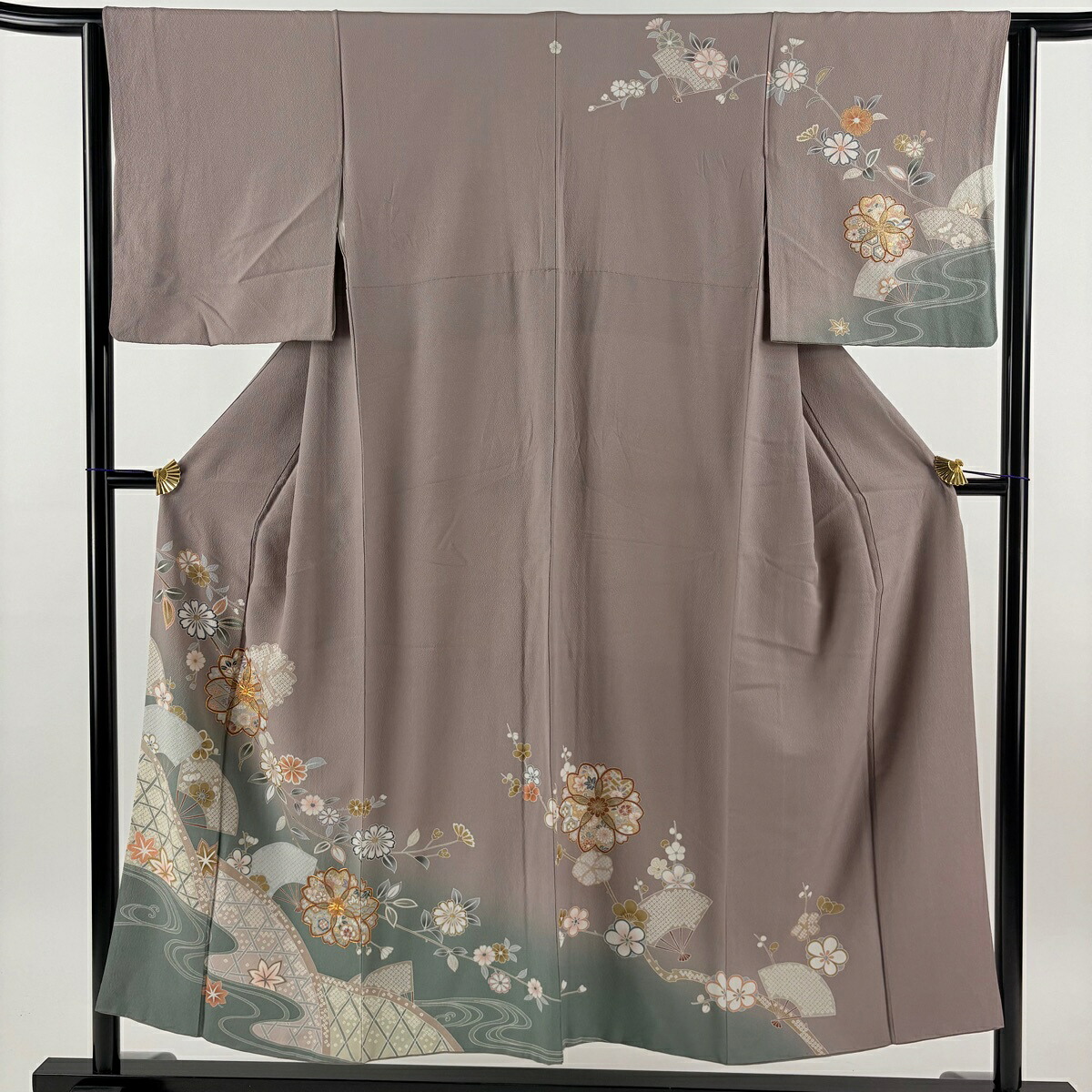 訪問着 身丈151cm 裄丈63cm S 袷 桜 扇 金糸 金彩 灰紫 正絹 秀品 一つ紋 【中古】