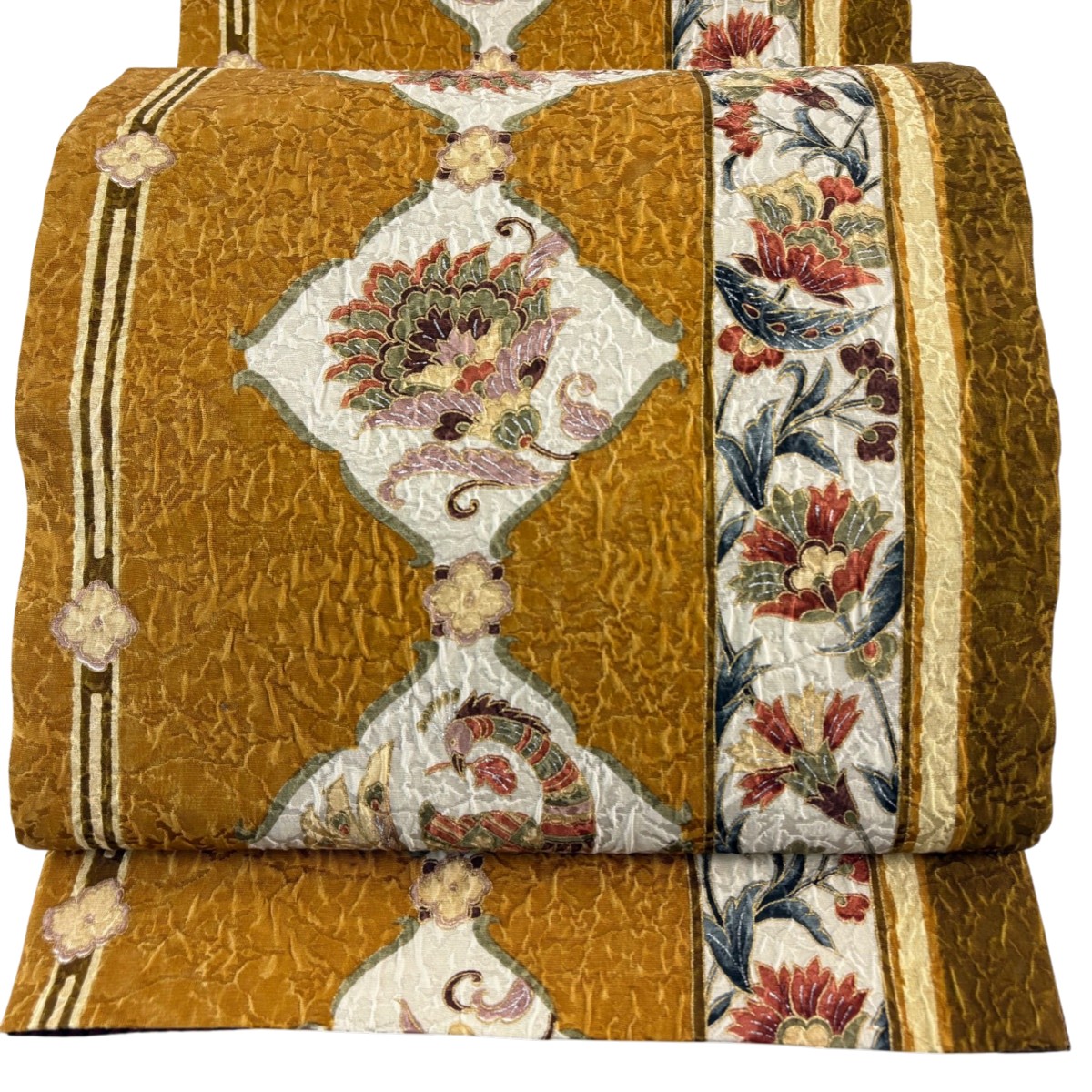 【美品】 袋帯 秀品 孔雀 草花 金銀彩 黄土色 全通 正絹 【中古】