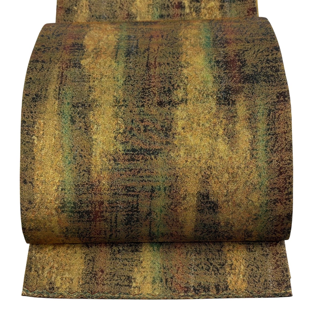 【美品】 袋帯 秀品 霞 幾何学模様 金糸 箔 茶緑色 六通 正絹 【中古】