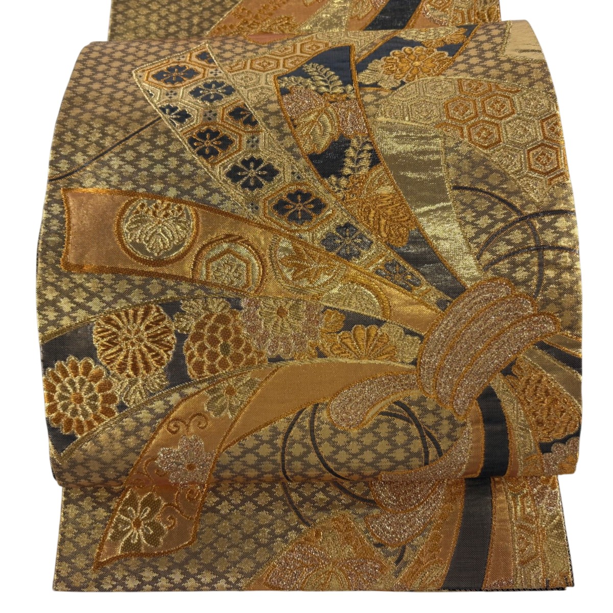 【美品】 袋帯 秀品 束ね熨斗 草花 金糸 箔 金色 六通 正絹 【中古】