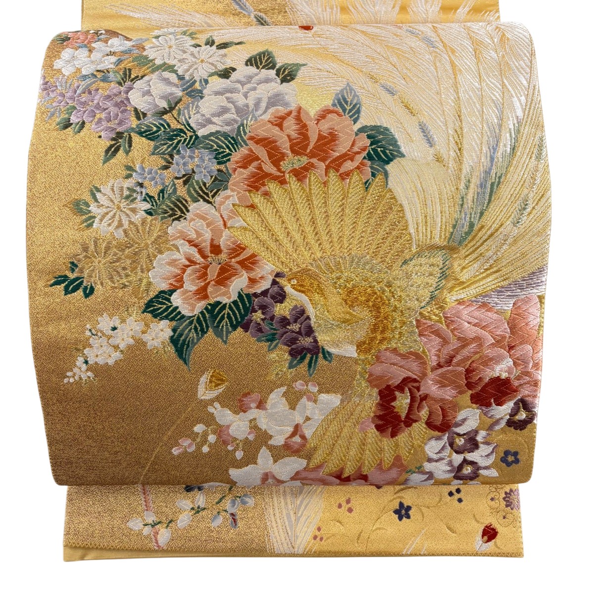 【美品】 袋帯 秀品 尾長鳥 草花 金糸 刺繍 金色 六通 正絹 【中古】