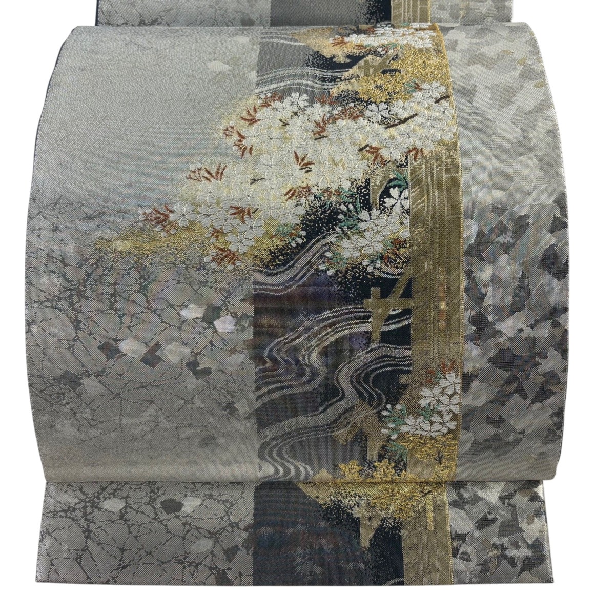 【美品】 袋帯 秀品 花影橋 桜 刺繍 金糸 銀色 六通 正絹 【中古】