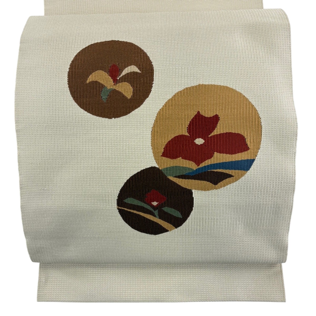 【美品】 名古屋帯 秀品 八寸名古屋帯 松葉仕立て 草花 丸文 ベージュ 正絹 【中古】 msp50