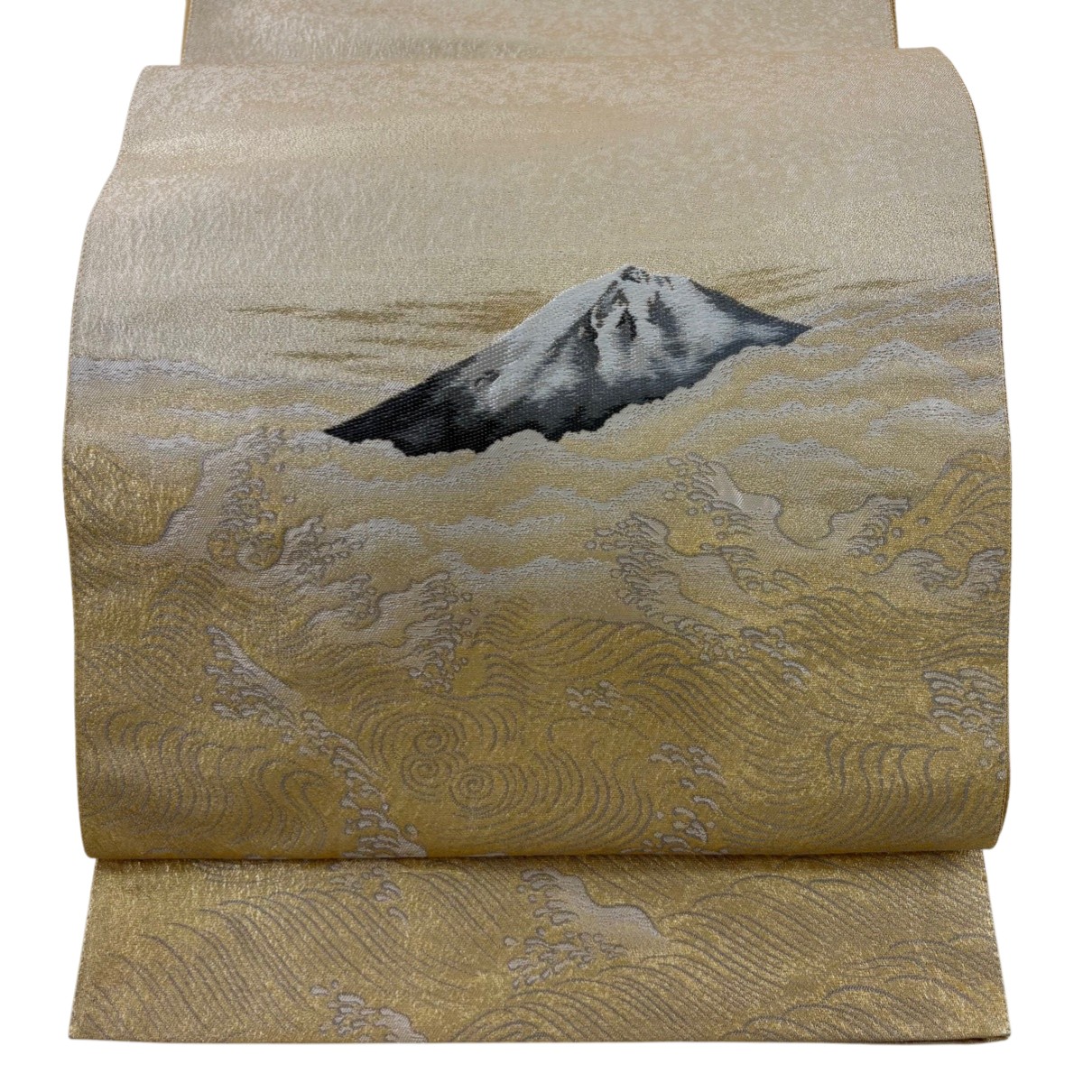逸品】袋帯 横山大観 落款有 聚楽 不二霊峰 金通し 箔 金色 お太鼓柄 正絹
