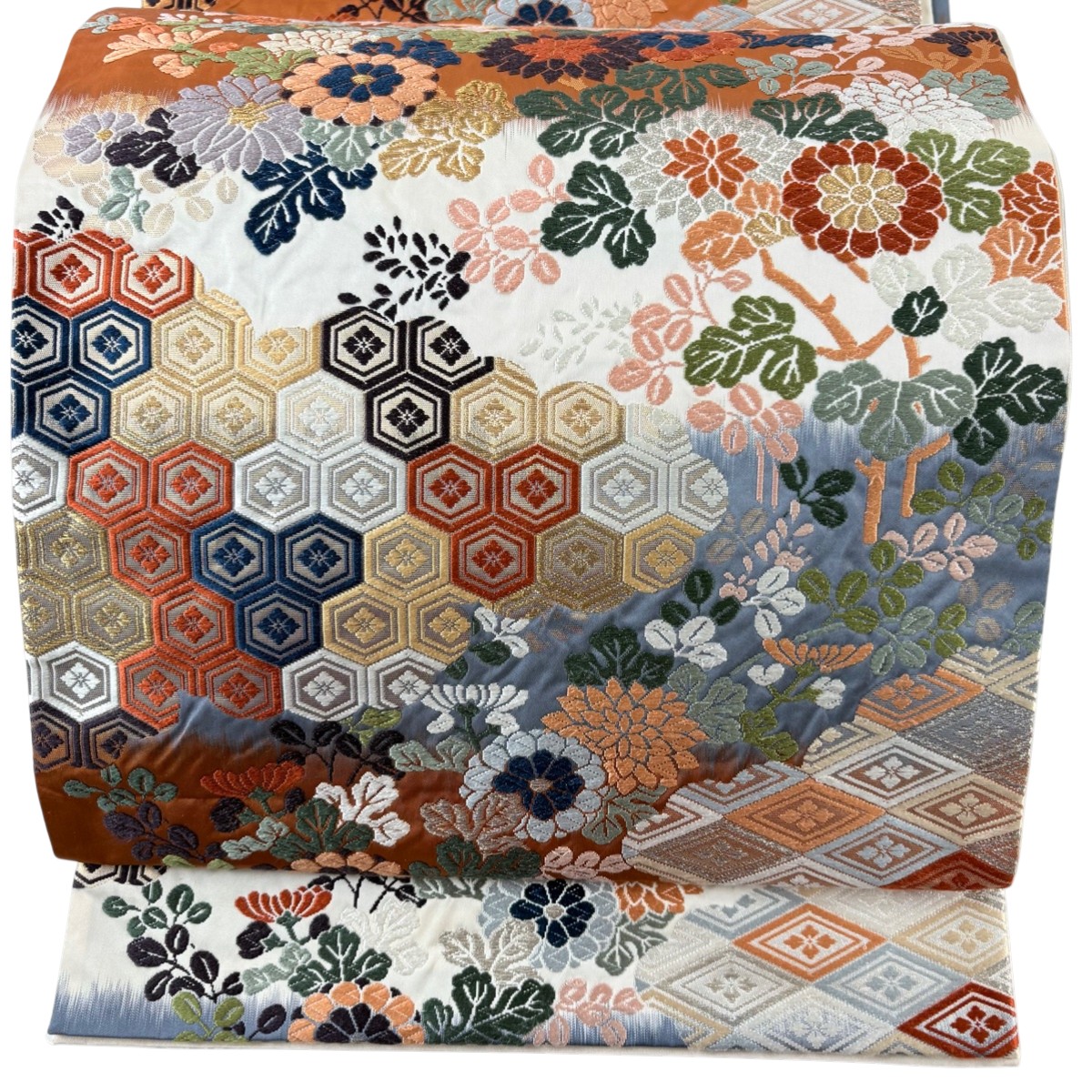 【美品】 袋帯 秀品 菊 亀甲 金銀糸 唐織 赤茶 六通 正絹 【中古】