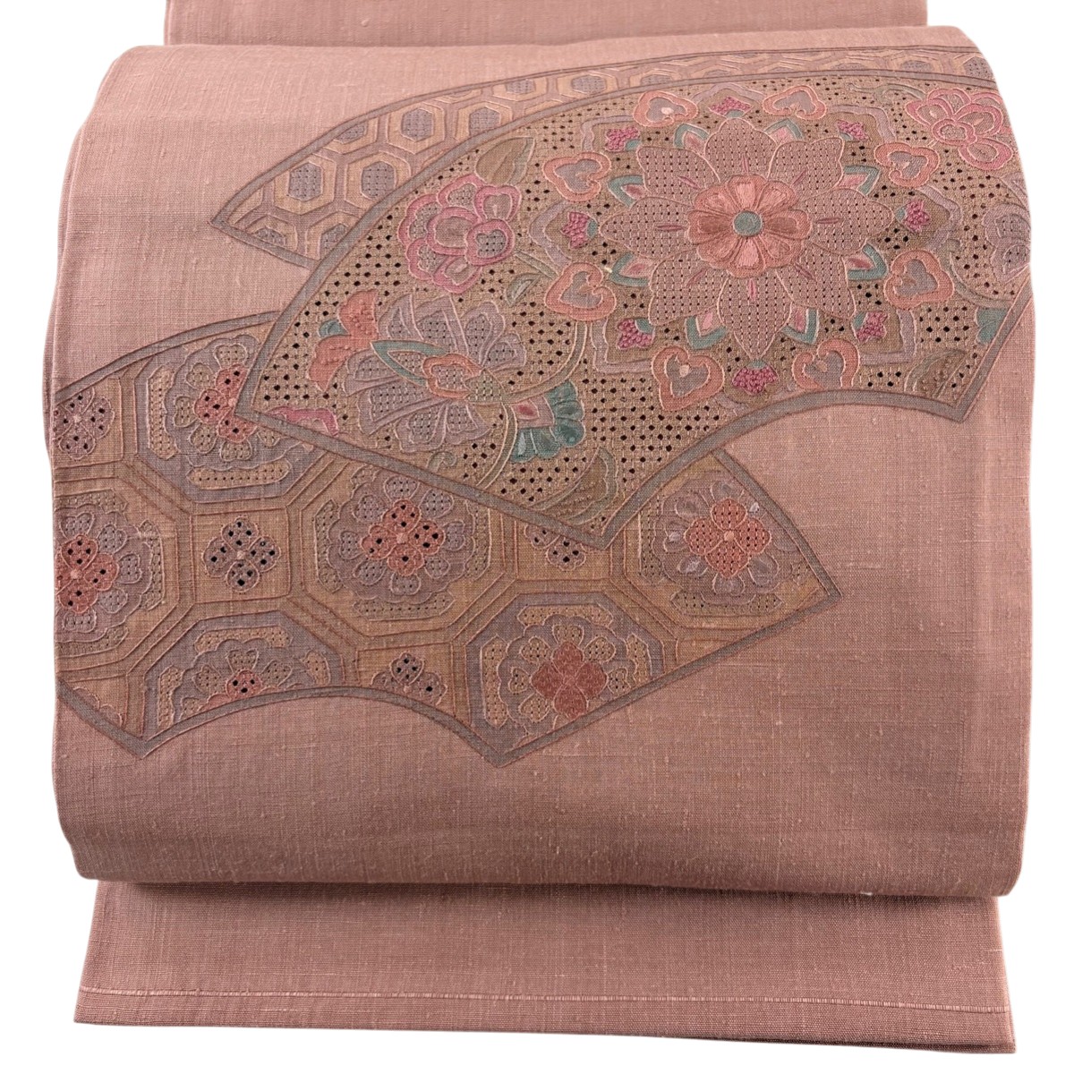 【美品】 袋帯 秀品 関西仕立て 紬地 扇面 華文 刺繍 ピンクベージュ お太鼓柄 正絹 【中古】