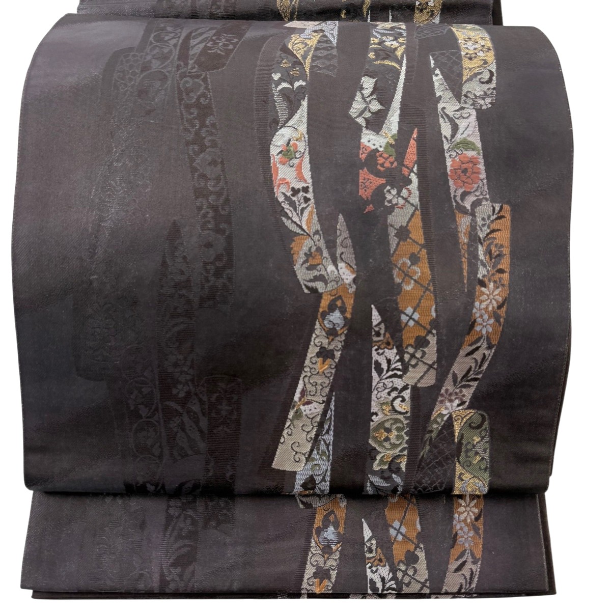 【美品】 袋帯 秀品 蔓帯 草花 金糸 箔 茶紫 六通 正絹 【中古】
