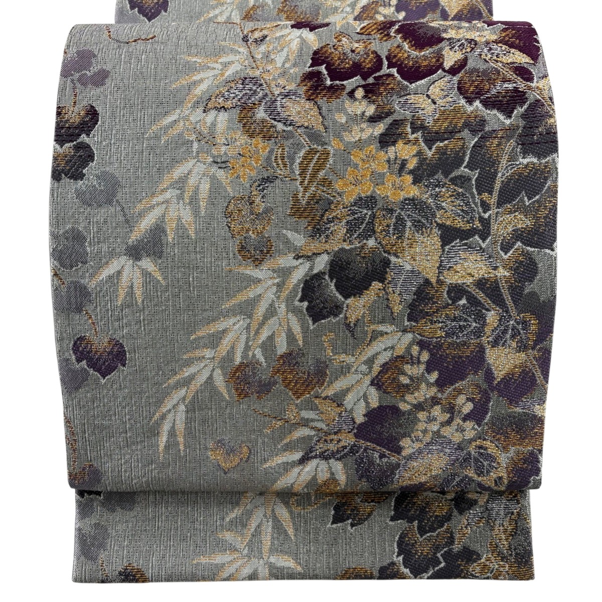 【美品】 袋帯 名品 やまと 草花 笹 金銀糸 箔 銀色 六通 正絹 【中古】 msp50