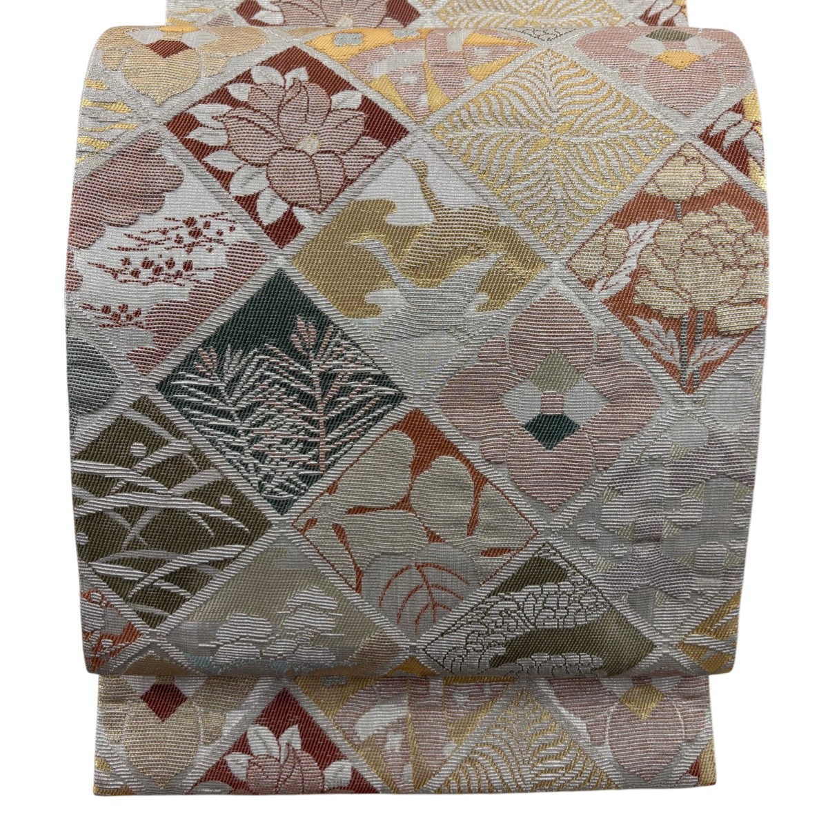 【美品】 袋帯 名品 花鳥 斜め格子 銀糸 箔 銀色 全通 正絹 【中古】 msp50