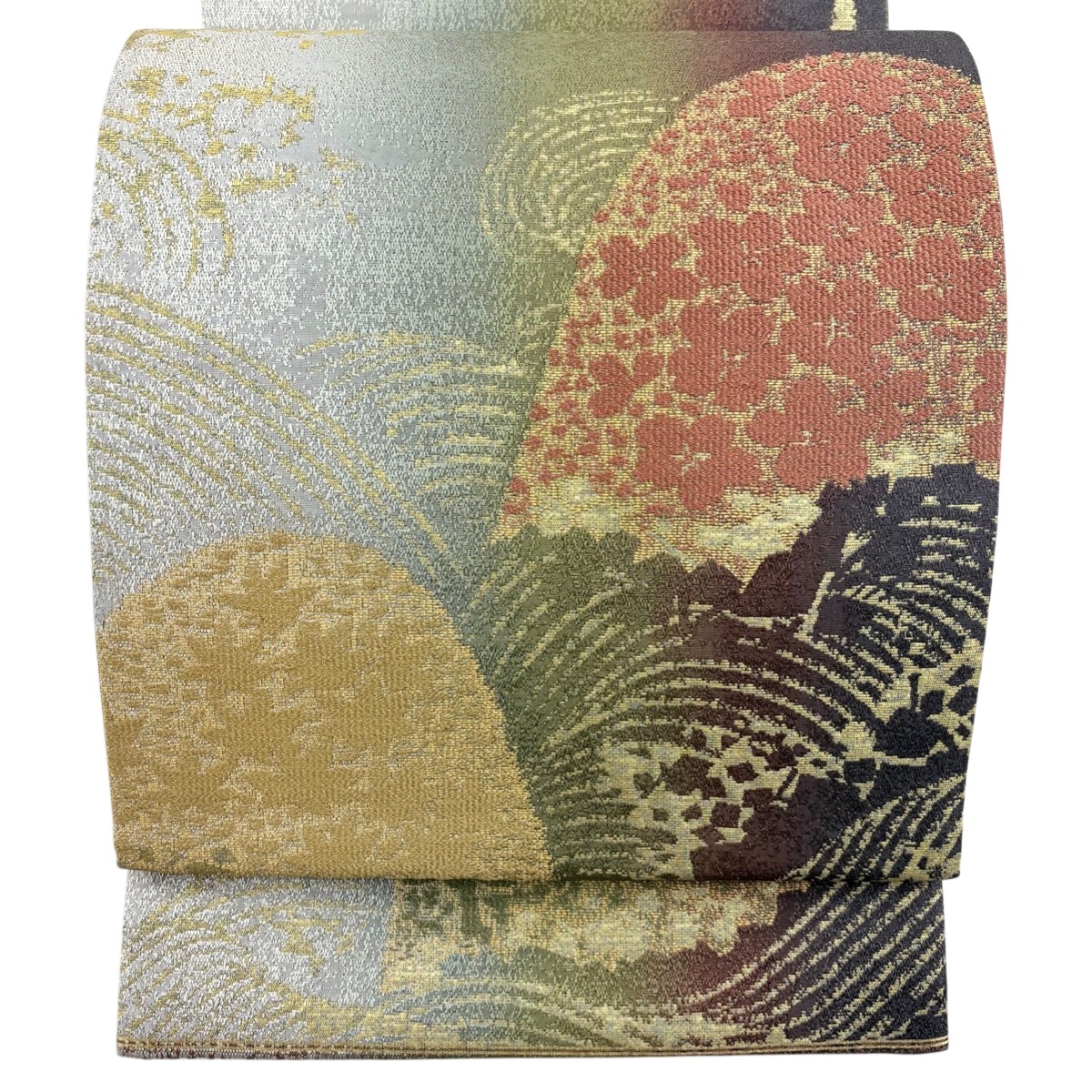【美品】 袋帯 名品 波 三日月 箔 本泥染 灰緑 六通 正絹 【中古】 msp50