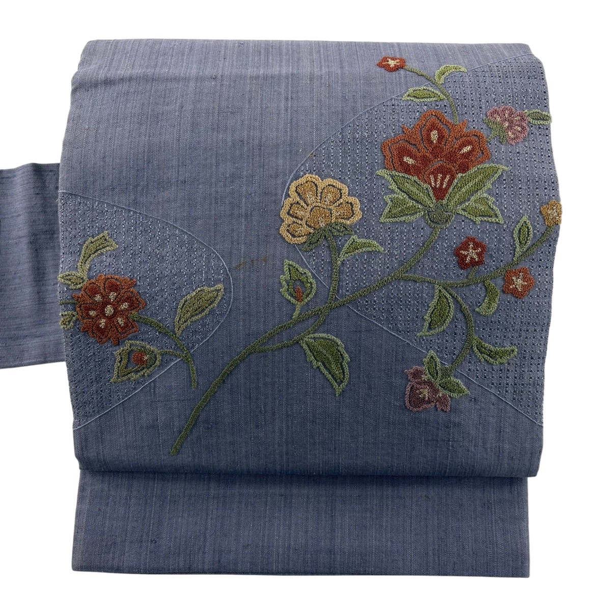 名古屋帯 秀品 紬地 草花 金糸 刺繍 灰紫 正絹 【中古】