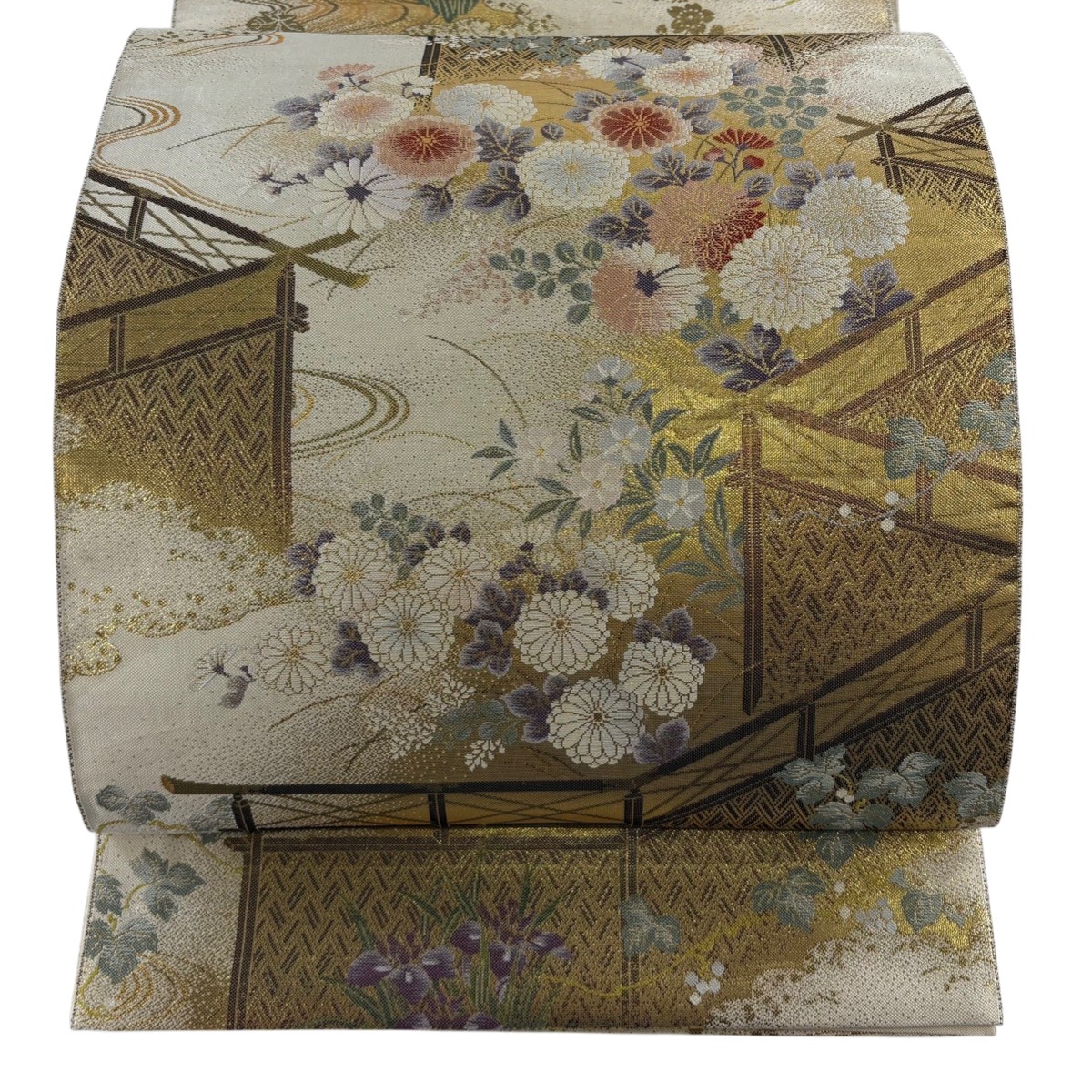 【美品】 袋帯 秀品 秋草 流水 箔 ベージュ 六通 正絹 【中古】