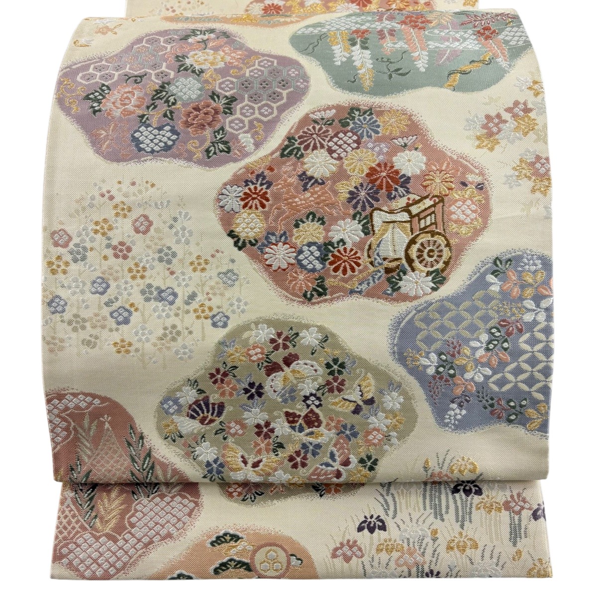 【美品】 袋帯 秀品 御所車 草花 金糸 ベージュ 六通 正絹 【中古】