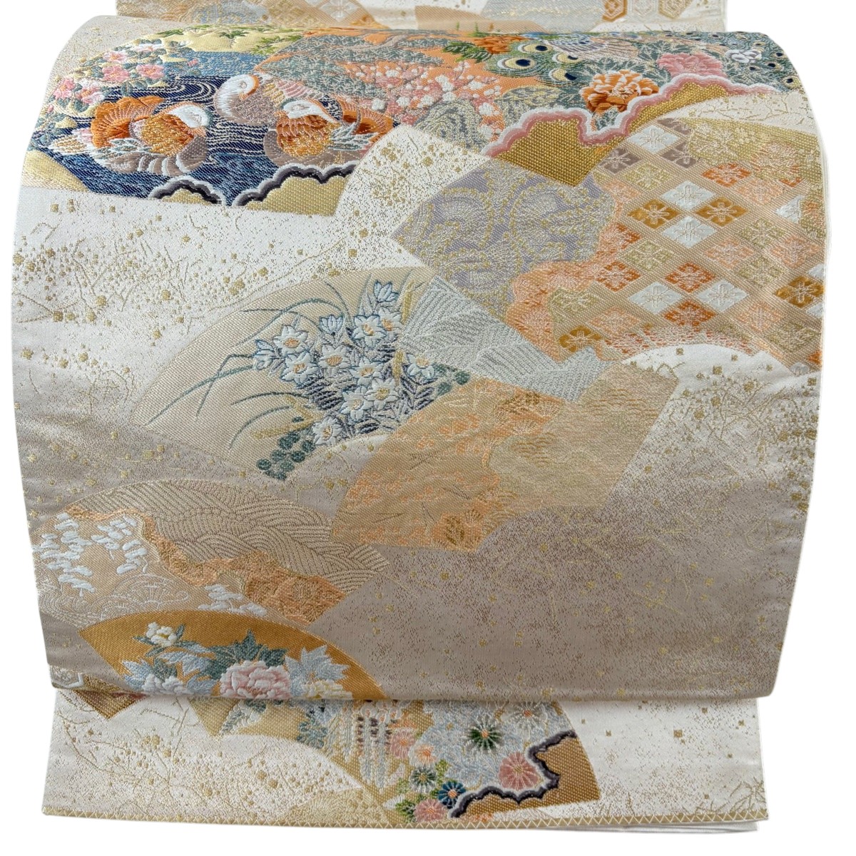 【美品】 袋帯 秀品 関西仕立て 景年花鳥絵図 純金箔 金糸 ベージュ 六通 正絹 【中古】