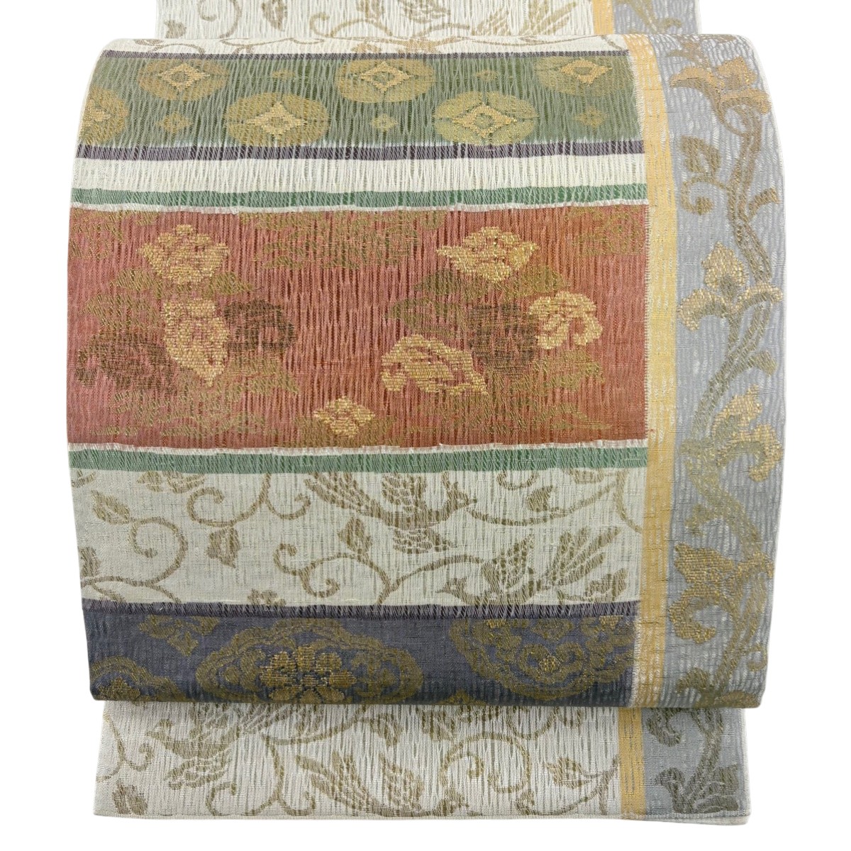 袋帯 名品 華文 花鳥 箔 金糸 クリーム お太鼓柄 正絹 【中古】