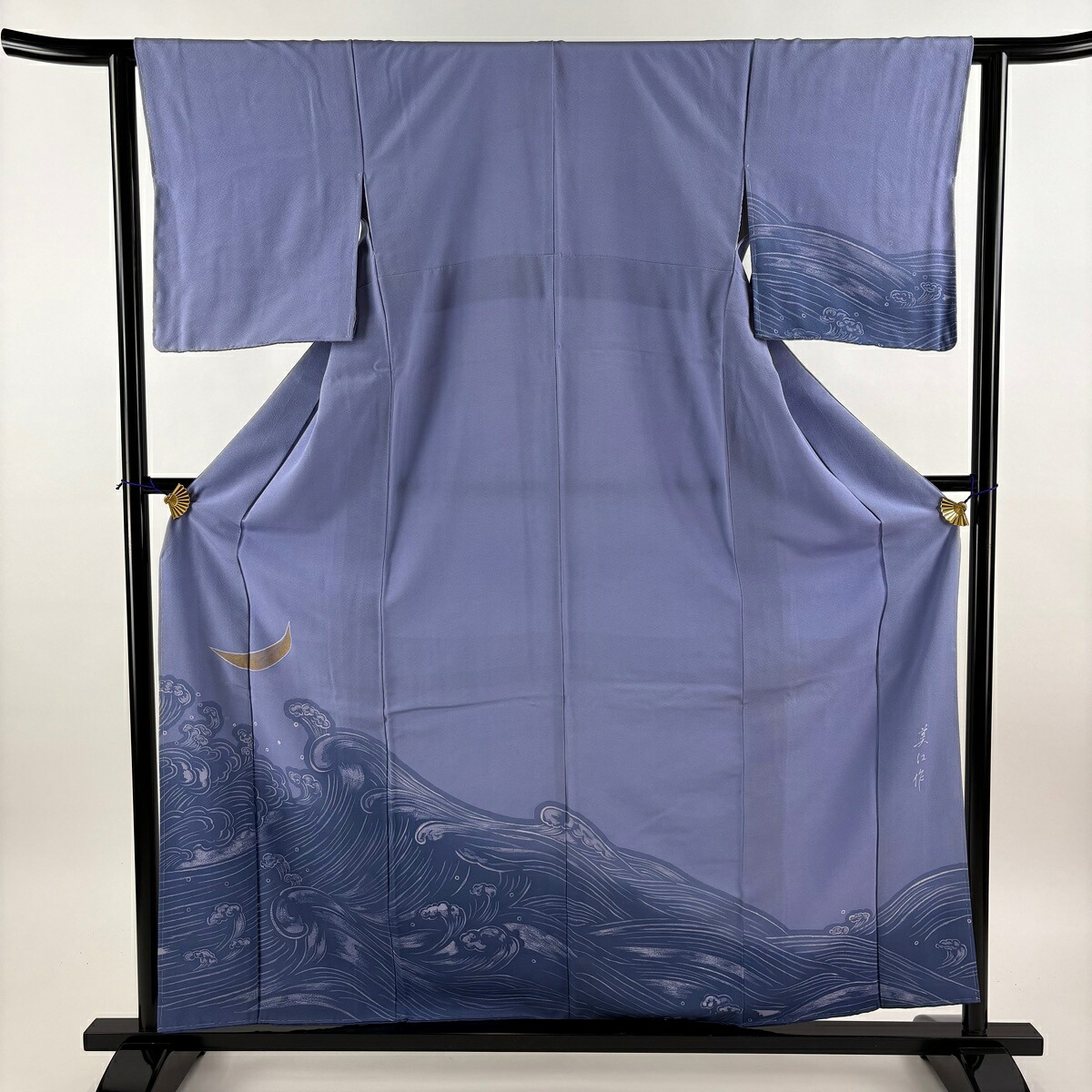 付下げ 身丈160cm 裄丈62cm S 袷 落款あり 波 三日月 金彩 青紫 正絹 秀品 【中古】