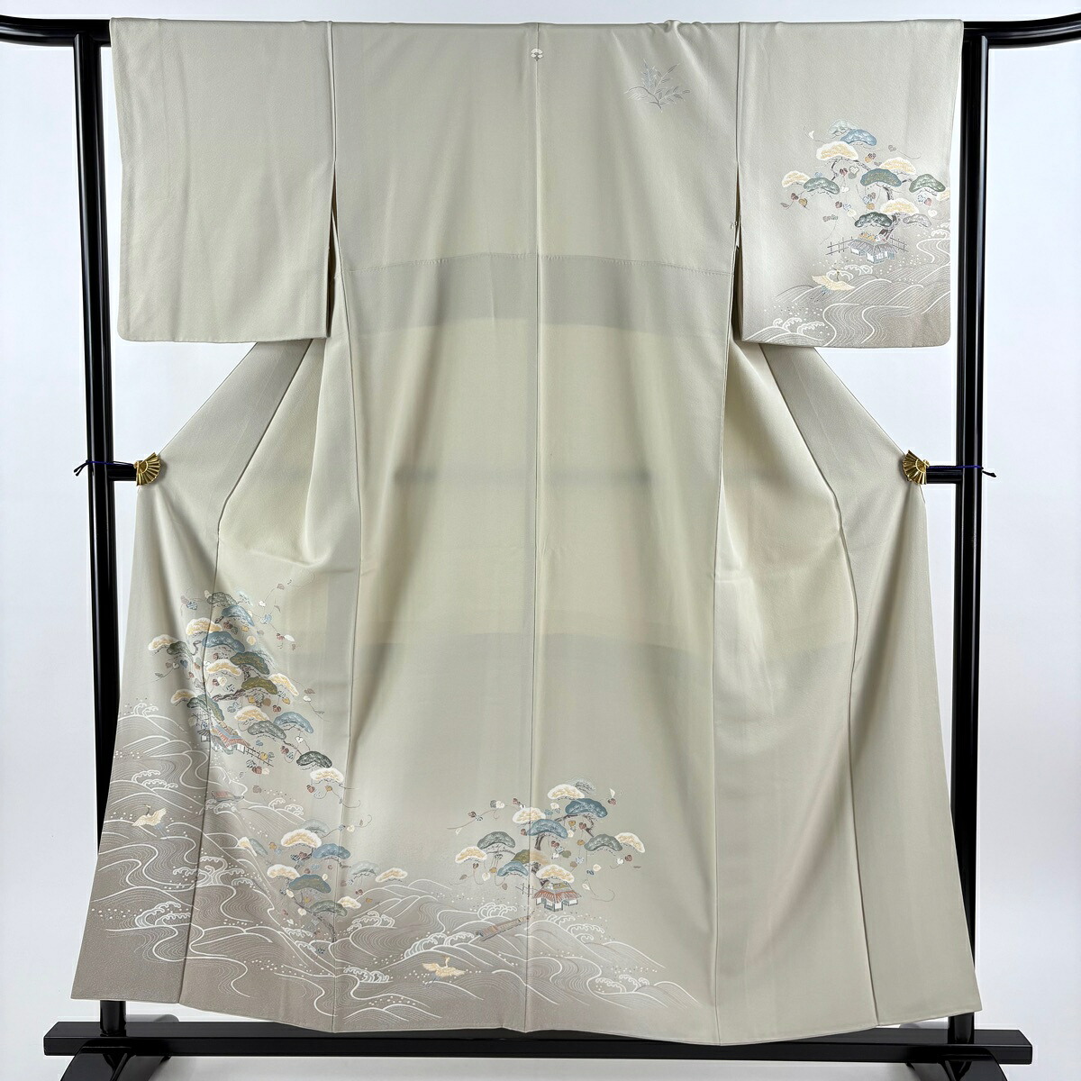訪問着 身丈155cm 裄丈65cm M 袷 笠松 波 金彩 灰茶 正絹 秀品 一つ紋 【中古】