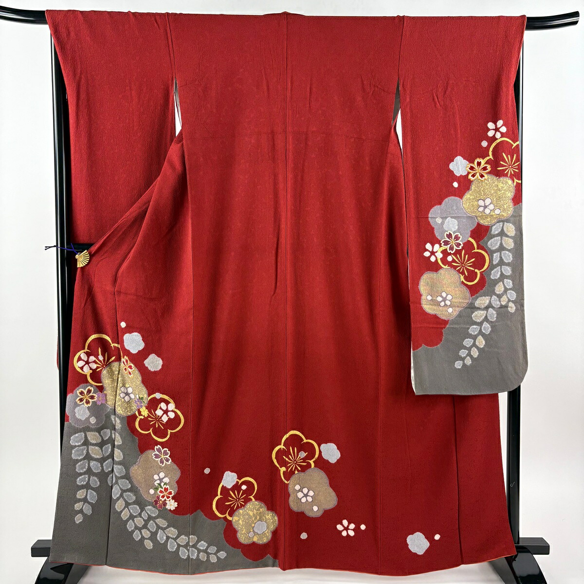 振袖 身丈163cm 裄丈67cm M 袷 梅 桜 刺繍 金糸 赤 正絹 秀品 【中古】