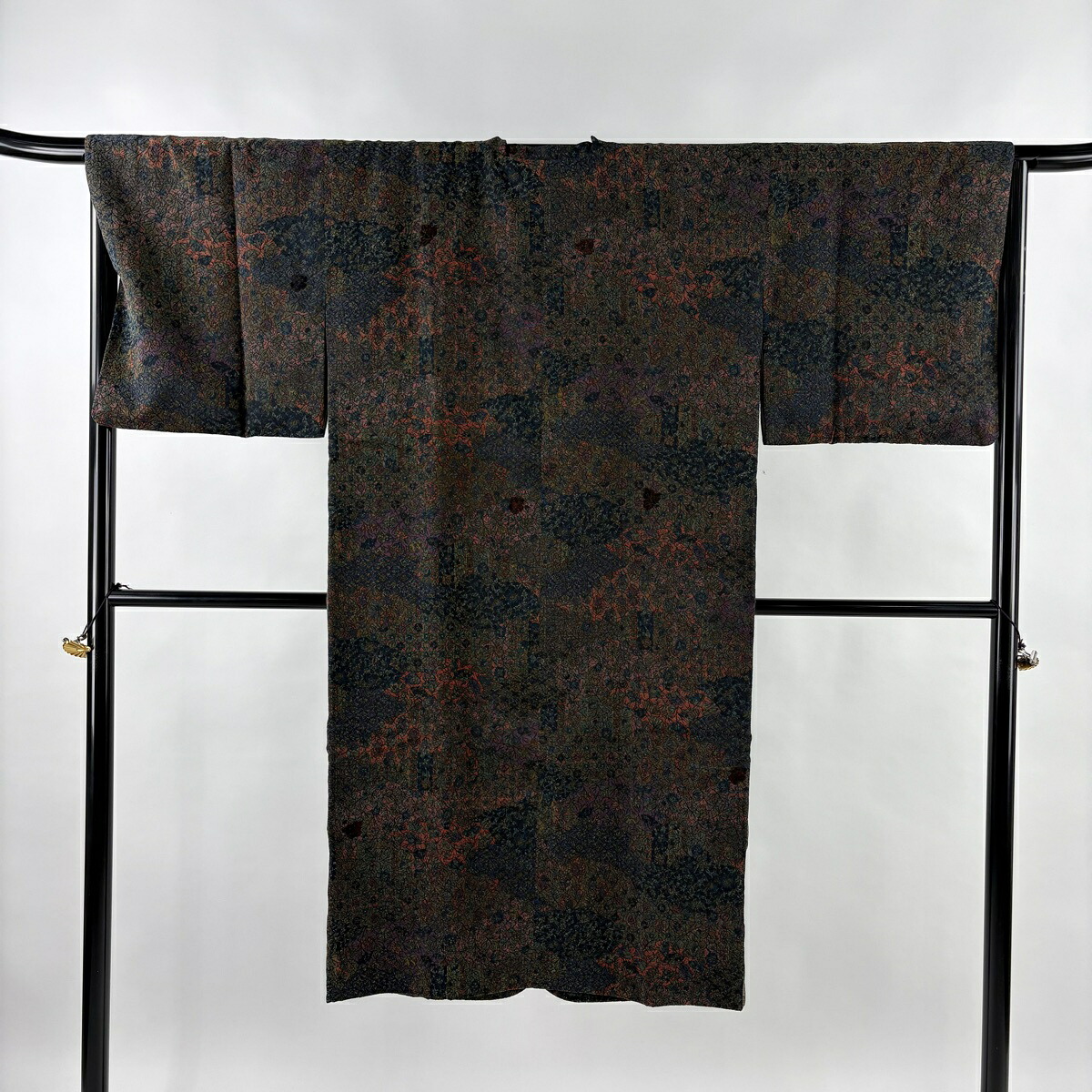 【美品】 道行 身丈125cm 裄丈65cm M 和装コート 角衿 草花 花菱 茶緑色 正絹 名品 【中古】