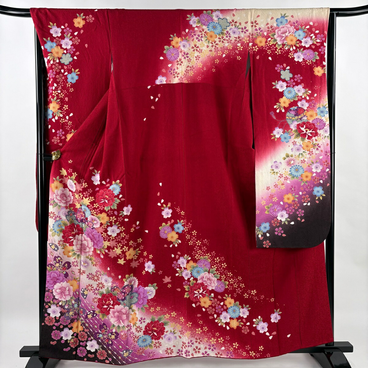 振袖 身丈161.5cm 裄丈66.5cm M 袷 牡丹 桜 ぼかし 箔 赤 正絹 名品 【中古】 の商品写真