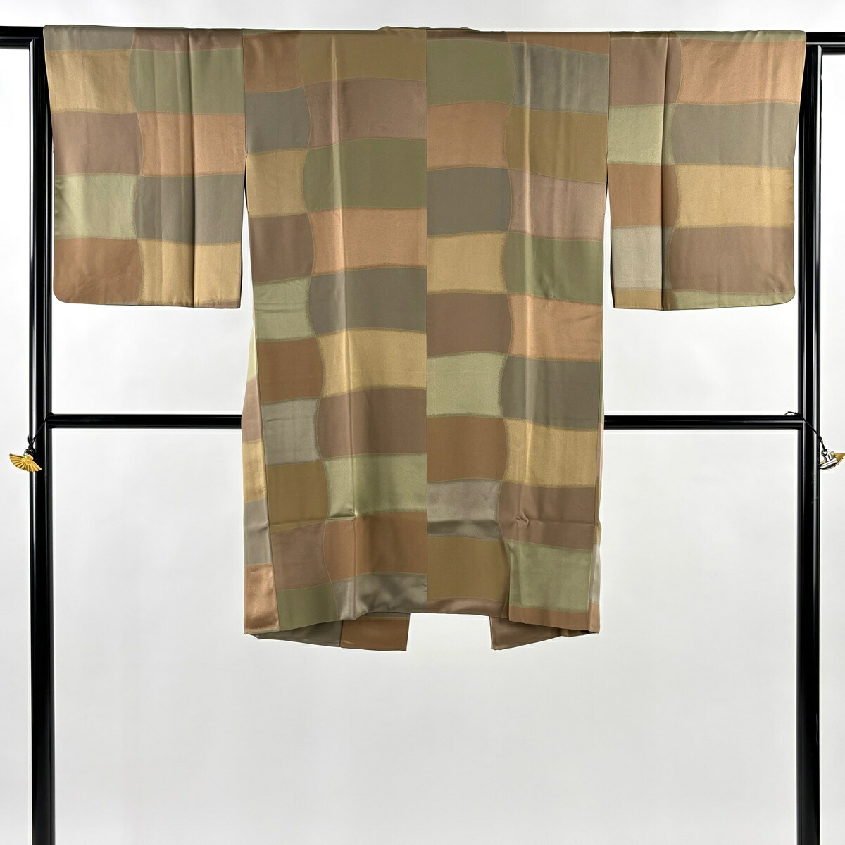 【美品】 道中着 身丈103cm 裄丈64cm M 和装コート 変わり市松 茶色 正絹 名品 【中古】