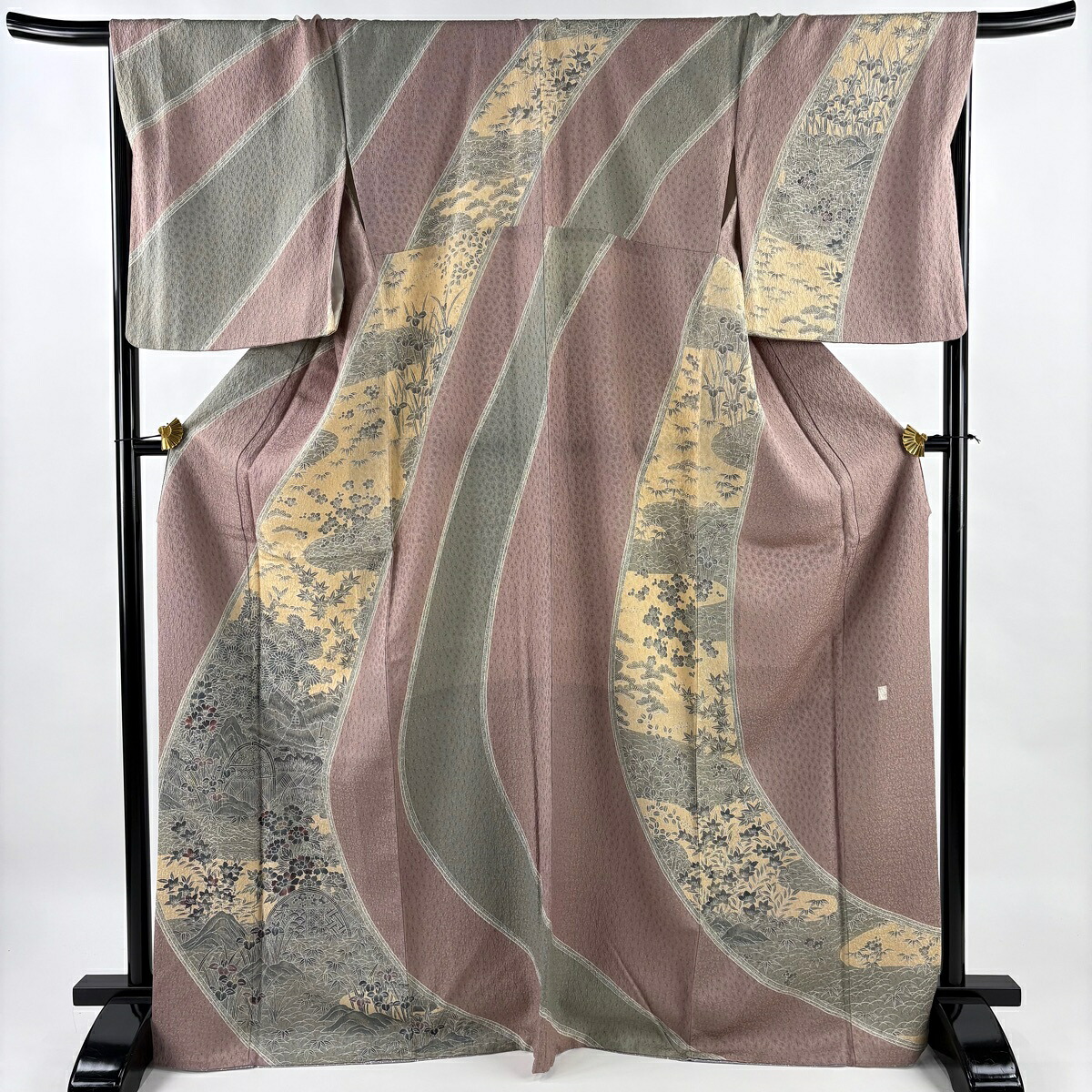 訪問着 身丈170.5cm 裄丈68.5cm L 袷 建物 菊 金通し 染め分け 灰紫 正絹 名品 【中古】