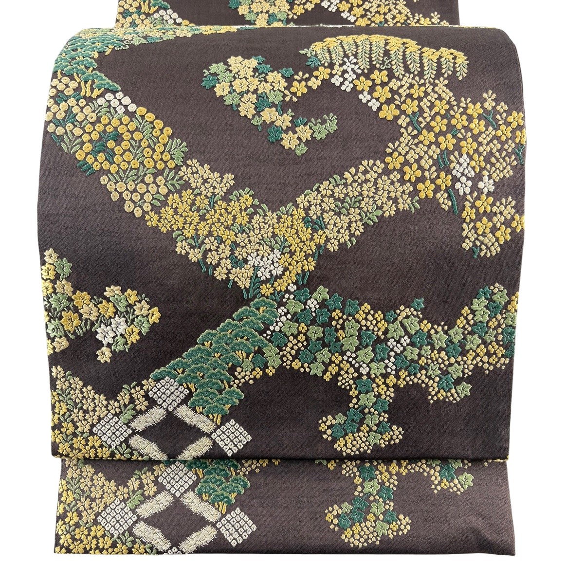 袋帯 名品 樹木 草花 西陣織 手織 焦茶色 六通 正絹 【中古】