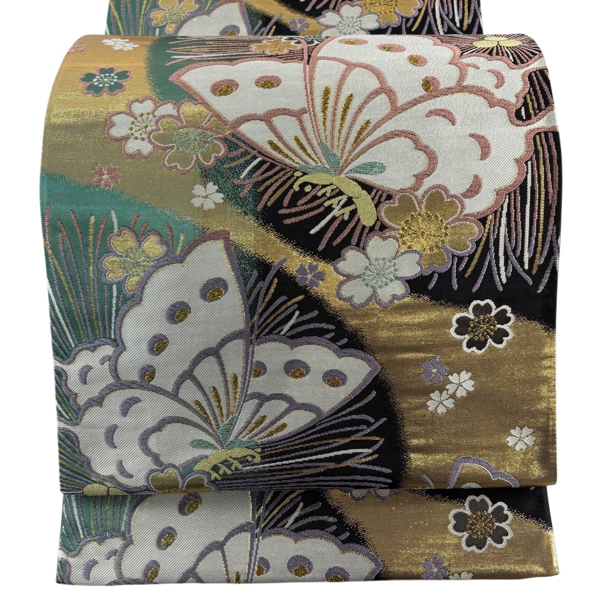 【美品】 袋帯 名品 振袖向き 蝶 桜 箔 金糸 黒 全通 正絹 【中古】 msp50