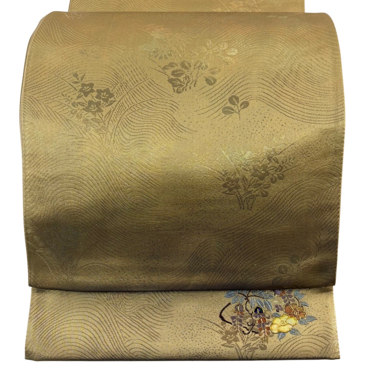 袋帯 名品 秋草 波 金彩 螺鈿 金色 六通 正絹 【中古】