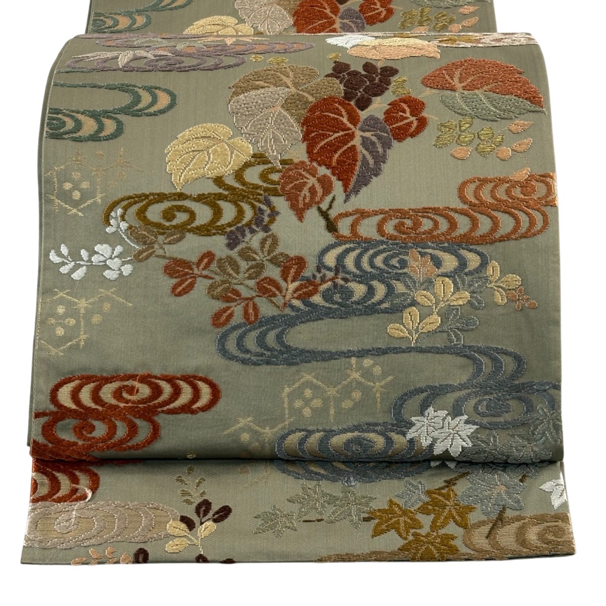 袋帯 名品 草花 観世水 唐織 金糸 茶緑色 六通 正絹 【中古】