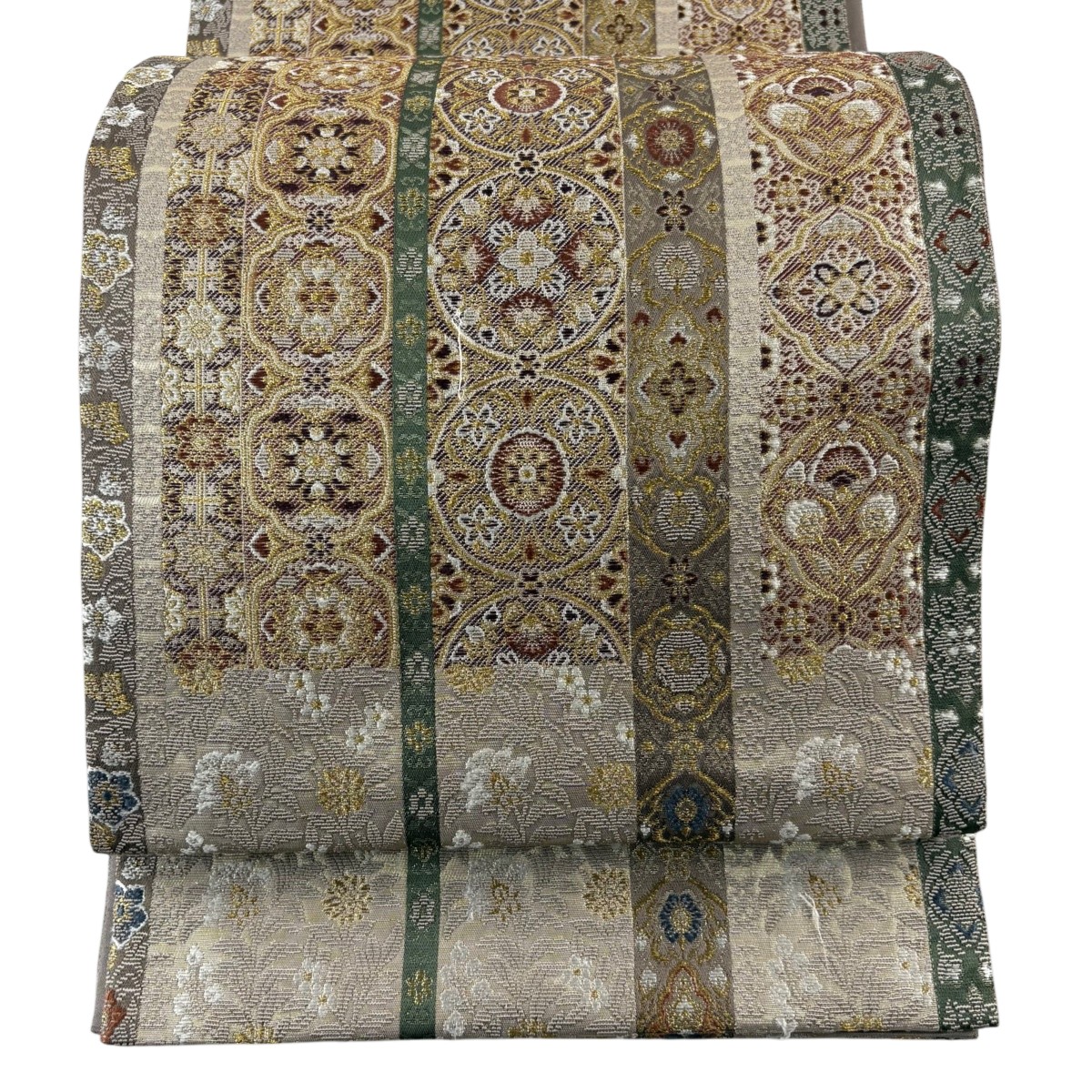 袋帯 名品 華文 草花 金糸 箔 薄茶色 六通 正絹 【中古】