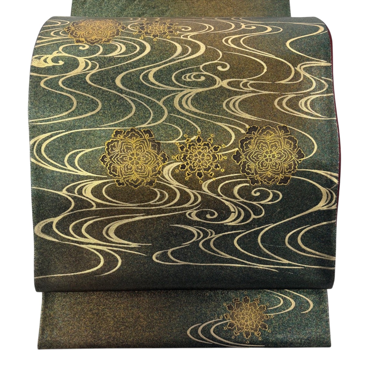 【美品】 袋帯 名品 華文 流水 金彩 茶緑色 お太鼓柄 正絹 【中古】 msp50