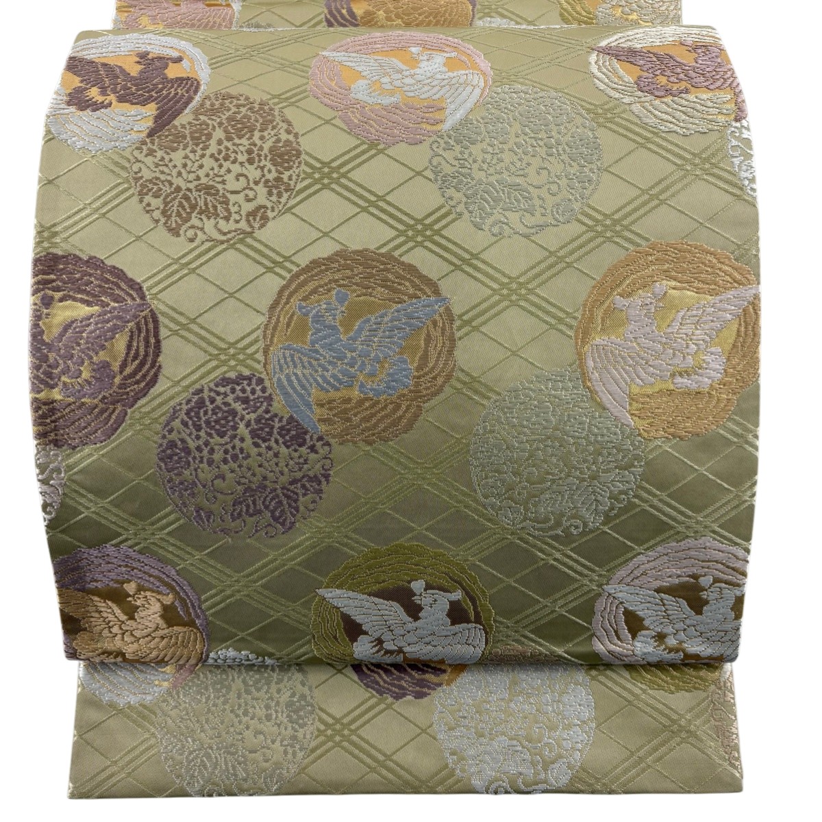 袋帯 名品 花鳥 菱 箔 灰緑 六通 正絹 【中古】