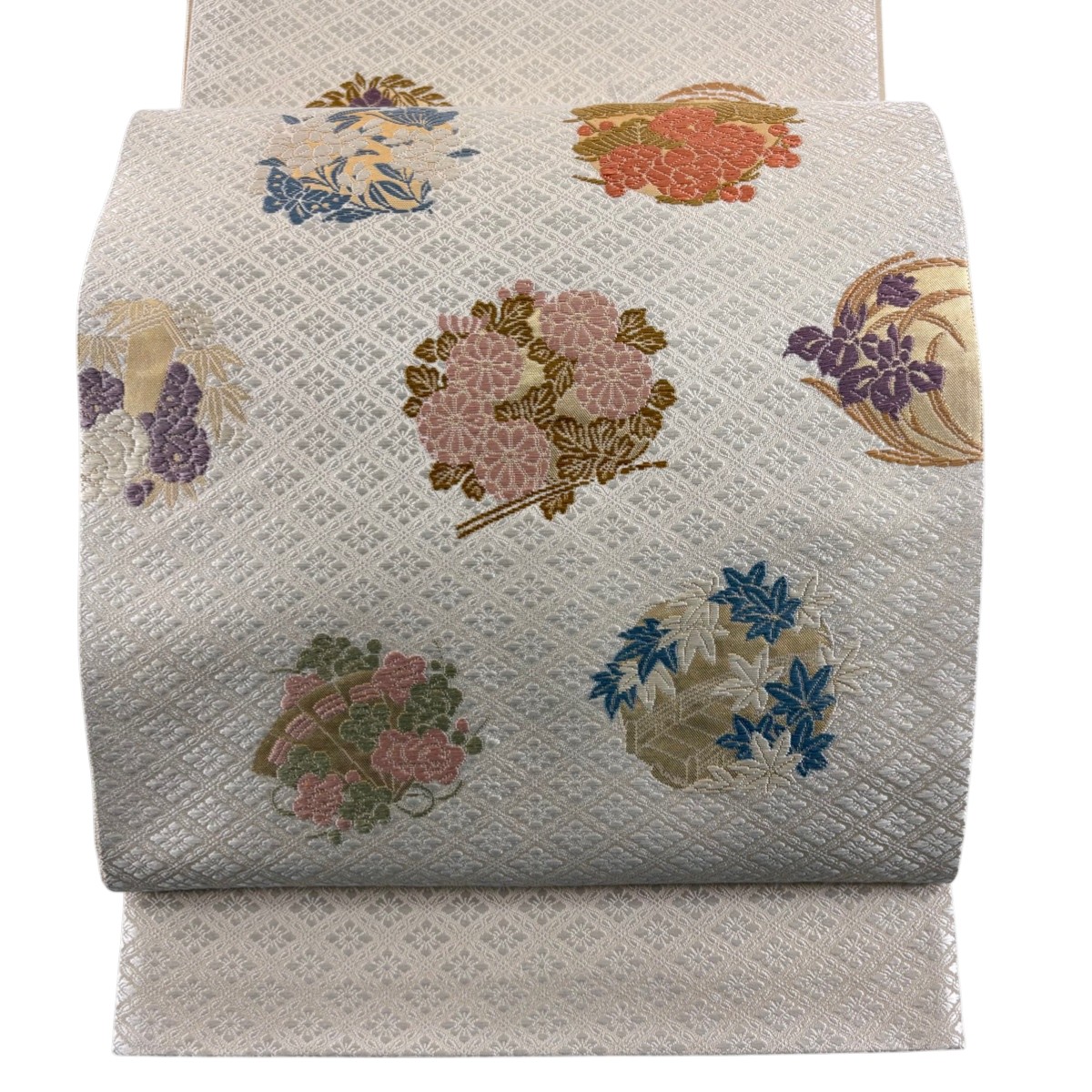 袋帯 名品 花丸文 花菱 唐織 箔 ベージュ お太鼓柄 正絹 【中古】