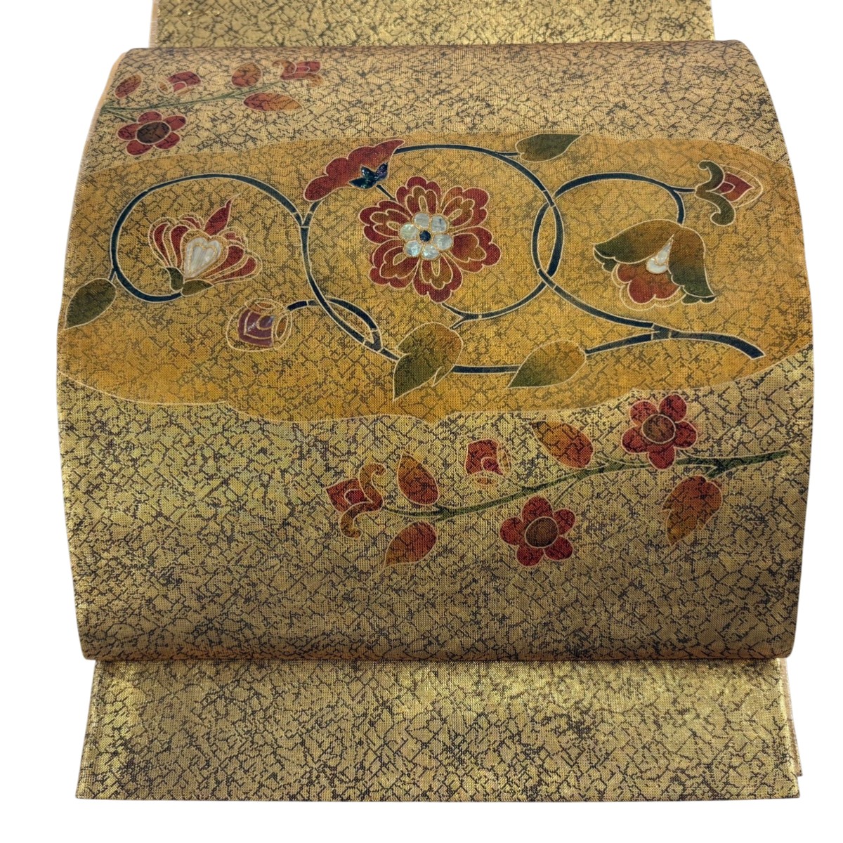 袋帯 名品 花唐草 螺鈿 箔 金色 お太鼓柄 正絹 【中古】