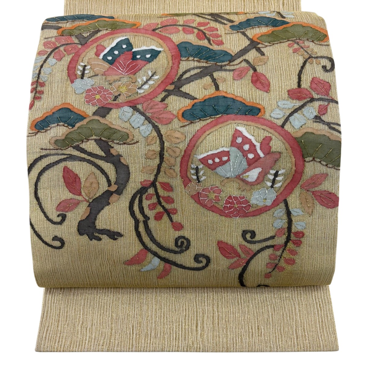 袋帯 逸品 松 蝶 金糸 金色 お太鼓柄 正絹 【中古】 msp30