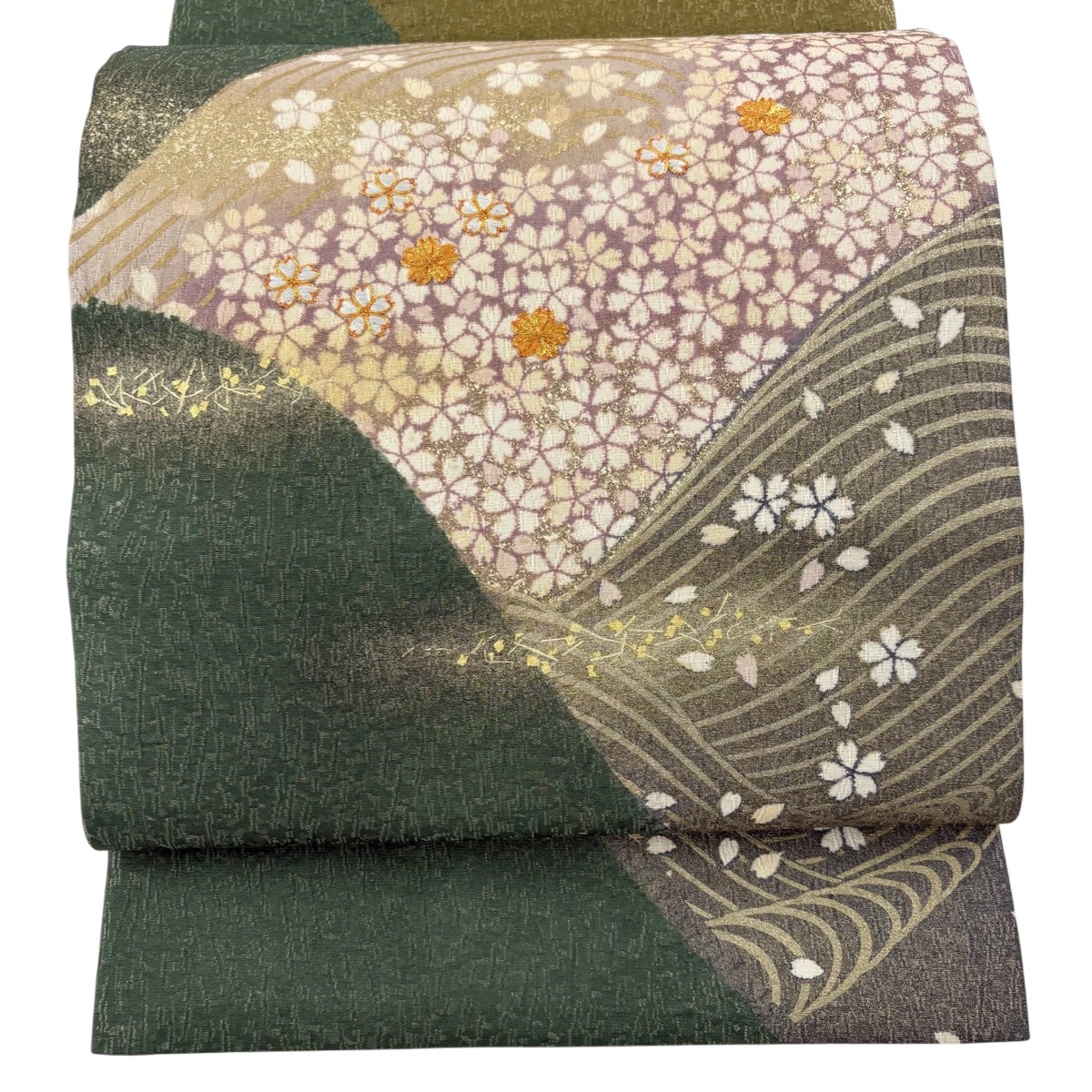 【美品】 袋帯 逸品 落款あり 大喜百花 桜 波 金彩 金糸 ベージュ お太鼓柄 正絹 【中古】 msp30