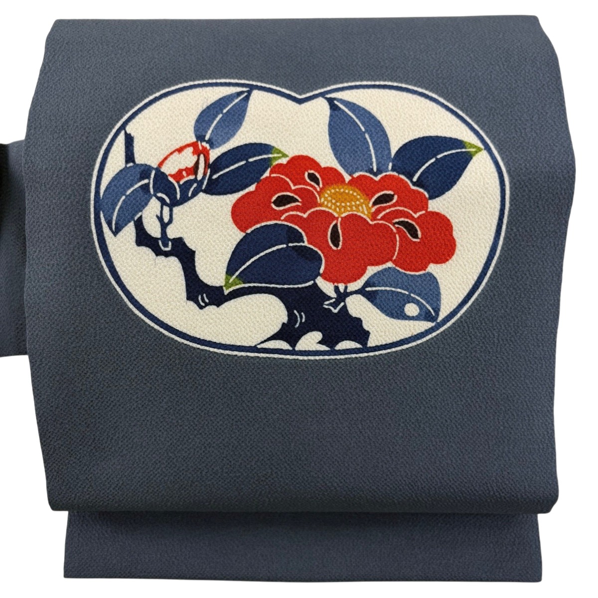 名古屋帯 逸品 栗山吉三郎 落款あり 椿 縮緬 青灰色 正絹 【中古】