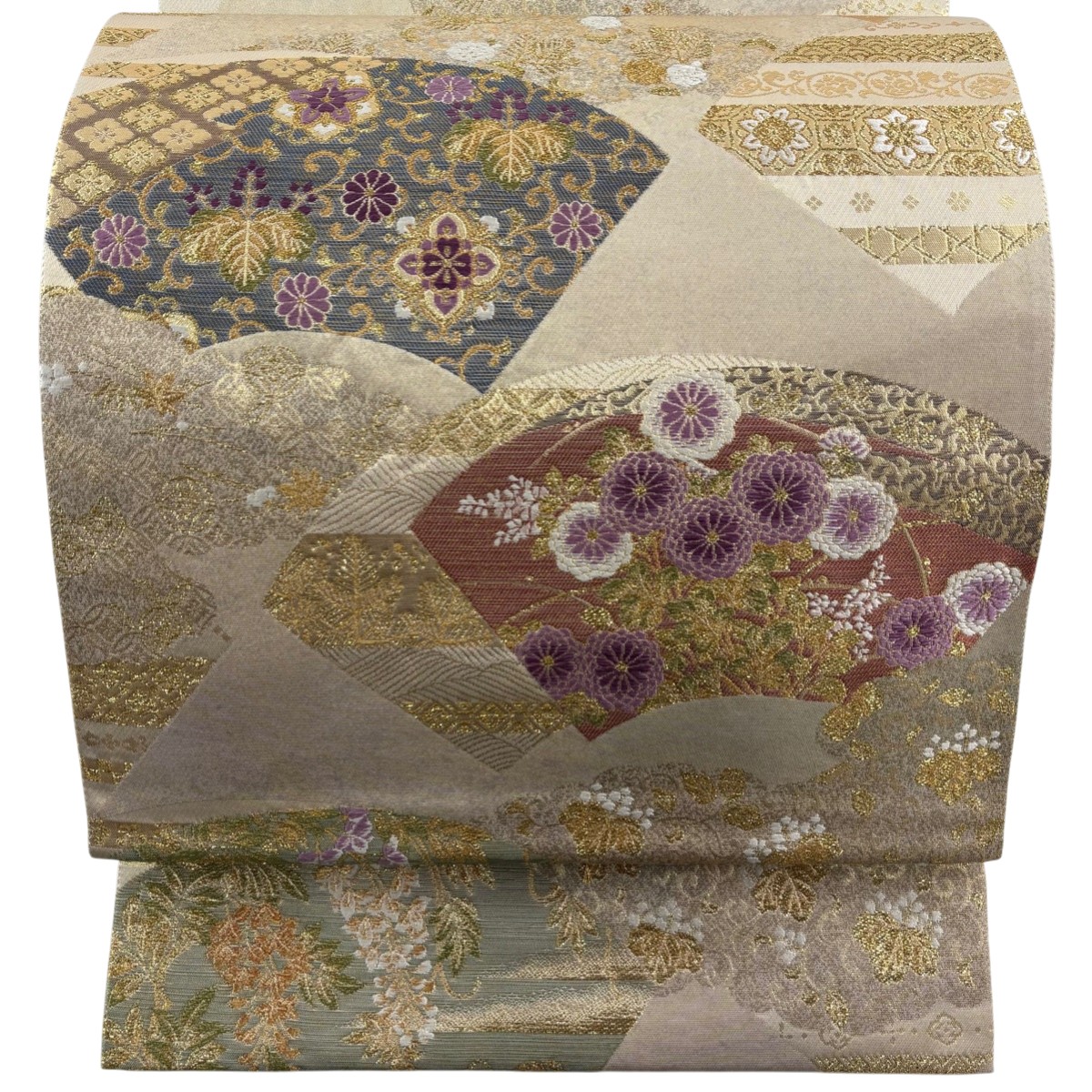 【美品】 袋帯 珠玉 じゅらく 名書きあり 天津御姉紫 扇子 顕花植物 金糸 箔 金色 六通 正絹 【中古】