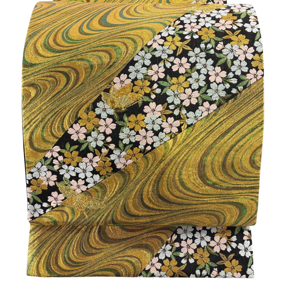 【美品】 袋帯 秀品 蝶 桜 箔 金糸 黒 六通 正絹 【中古】