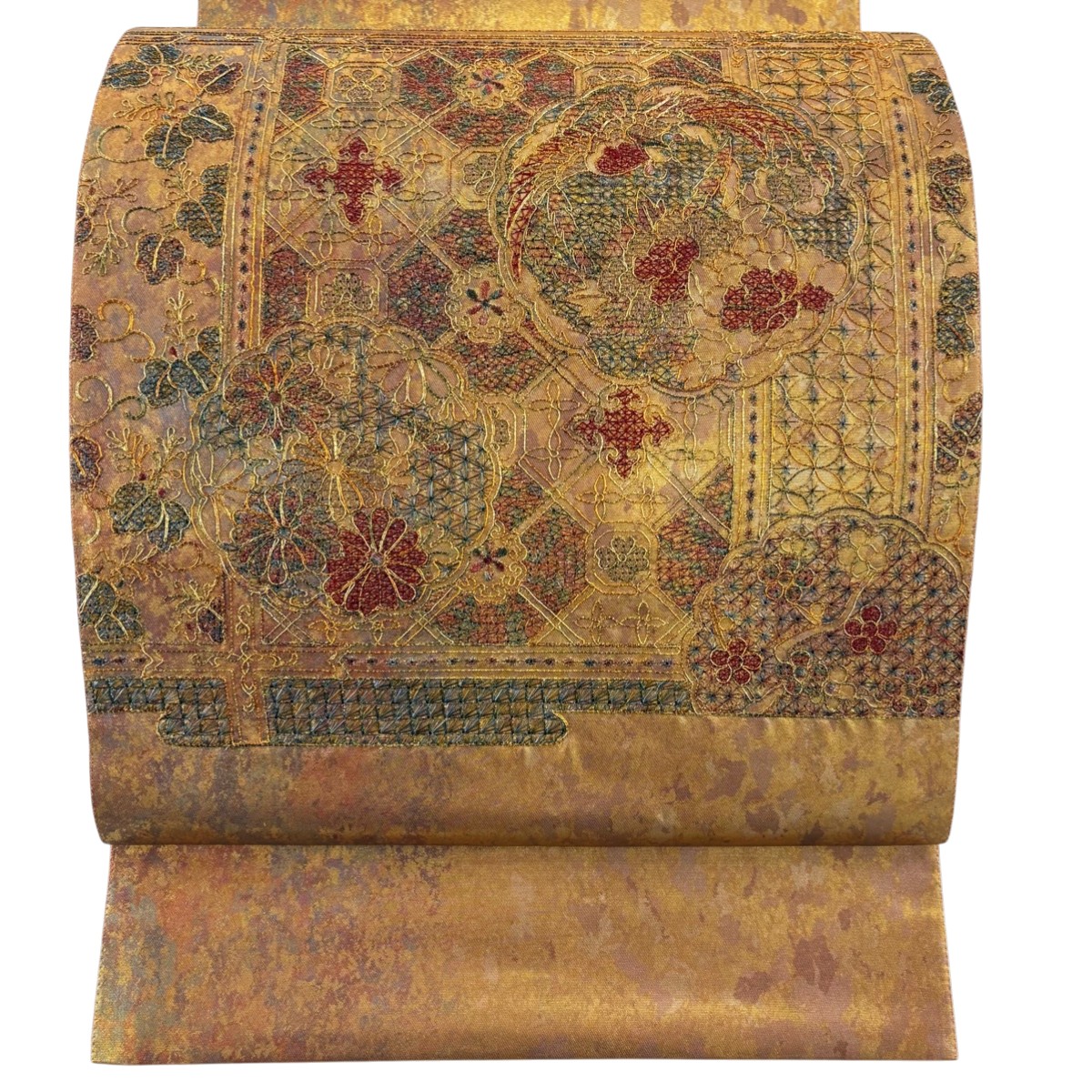【美品】 袋帯 秀品 花鳥 幾何学模様 刺繍 金糸 オレンジ お太鼓柄 正絹 【中古】